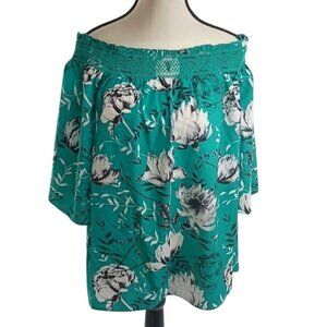 Jasmine & Juliana Womens S Green Floral Off Shoulder Smocked Top Blouse Summer